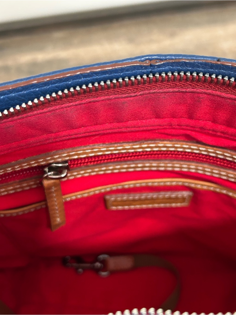 Dooney & Bourke Blue Pebble Leather Crossbody with Tan Trim and Tassel Pockets - Picture 8 of 14